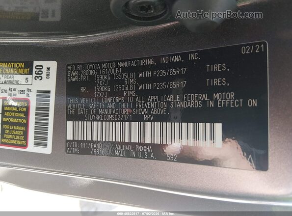 5TDYRKEC0MS022171 2021 TOYOTA SIENNA Gray Շարժիչի բաժամունքի տեսք
