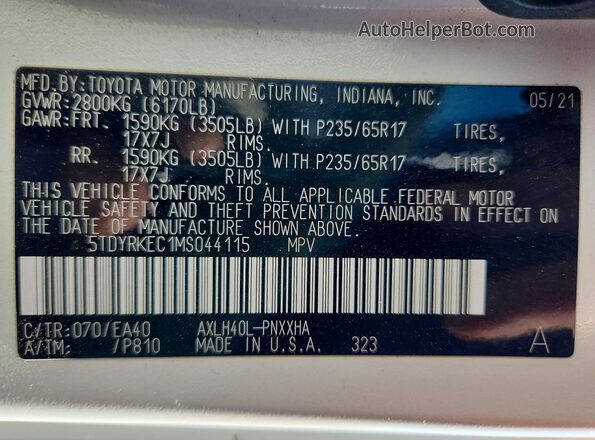 5TDYRKEC1MS044115 2021 TOYOTA SIENNA White Vista interior de 360 grados