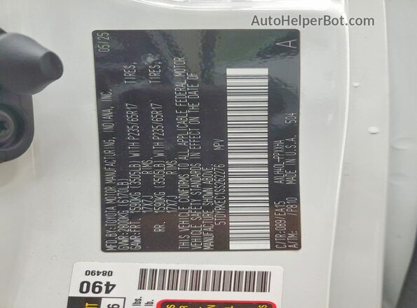 5TDYRKEC1SS262276 2025 TOYOTA SIENNA White VIN კოდის სტიკერის ხედი