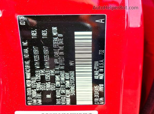 5TDYRKEC1TS304060 2026 TOYOTA SIENNA Red VIN კოდის სტიკერის ხედი