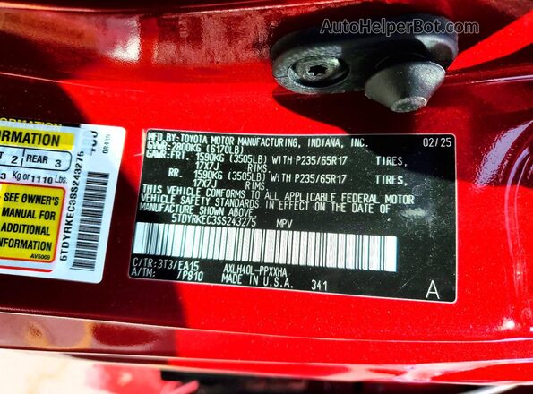 5TDYRKEC3SS243275 2025 TOYOTA SIENNA Red 360 interior view