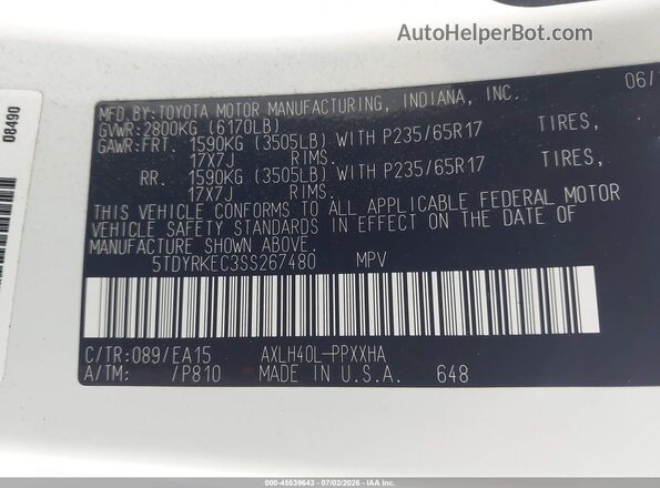 5TDYRKEC3SS267480 2025 TOYOTA SIENNA White Вид підкапотного простору