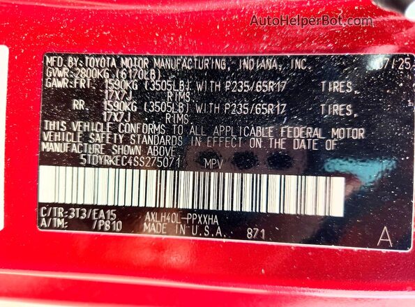 5TDYRKEC4SS275071 2025 TOYOTA SIENNA Red VIN կոդի պիտակի տեսք