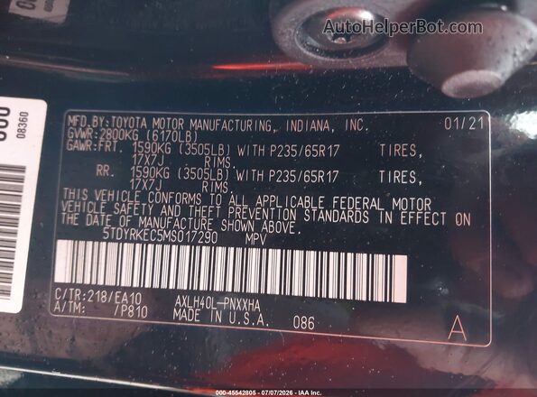 5TDYRKEC5MS017290 2021 TOYOTA SIENNA Black Շարժիչի բաժամունքի տեսք