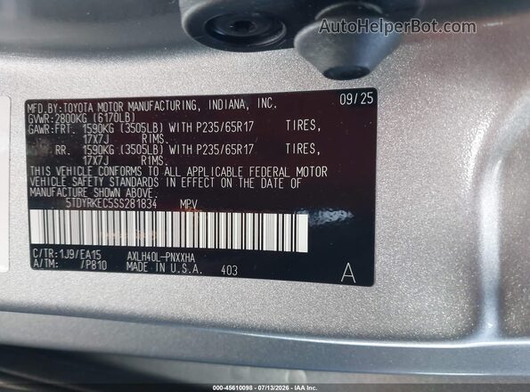 5TDYRKEC5SS281834 2025 TOYOTA SIENNA Silver Շարժիչի բաժամունքի տեսք