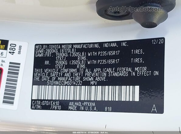 5TDYRKEC9MS014232 2021 TOYOTA SIENNA White Շարժիչի բաժամունքի տեսք