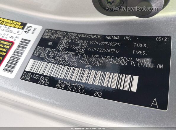 5TDYRKEC9MS043505 2021 TOYOTA SIENNA Silver ძრავის განყოფილების ხედი