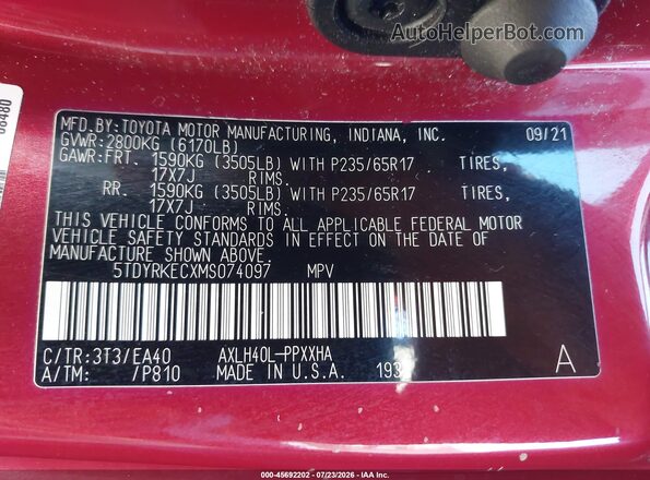5TDYRKECXMS074097 2021 TOYOTA SIENNA Burgundy ძრავის განყოფილების ხედი