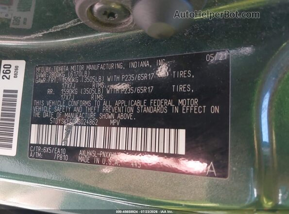 5TDYSKFC0MS024862 2021 TOYOTA SIENNA Green Շարժիչի բաժամունքի տեսք
