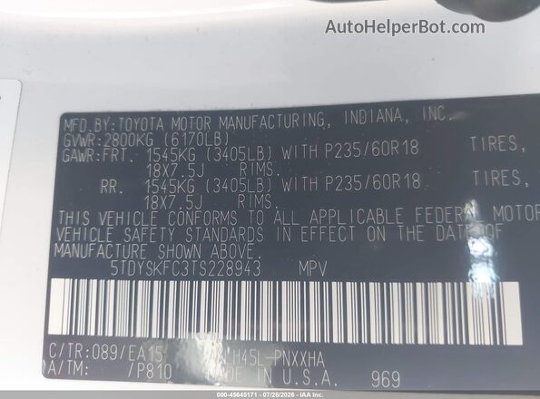 5TDYSKFC3TS228943 2026 TOYOTA SIENNA White Շարժիչի բաժամունքի տեսք
