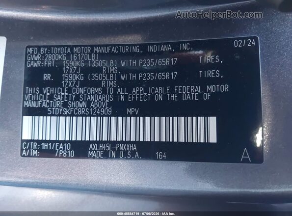 5TDYSKFC8RS124909 2024 TOYOTA SIENNA Gray ძრავის განყოფილების ხედი