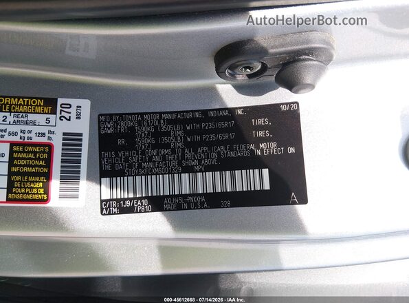 5TDYSKFCXMS001329 2021 TOYOTA SIENNA Silver Շարժիչի բաժամունքի տեսք