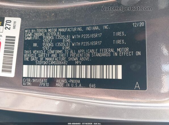 5TDYSKFCXMS006482 2021 TOYOTA SIENNA Gray Vista del compartimento del motor