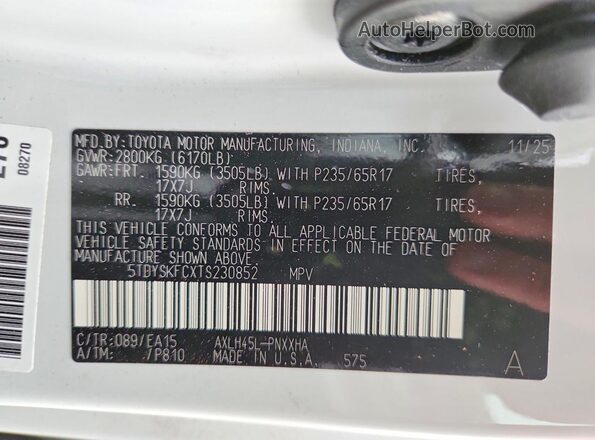 5TDYSKFCXTS230852 2026 TOYOTA SIENNA White VIN կոդի պիտակի տեսք