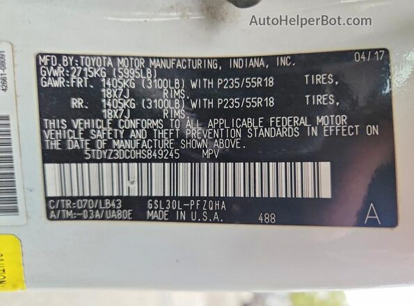 5TDYZ3DC0HS849245 2017 TOYOTA SIENNA White Widok naklejki z numerem VIN