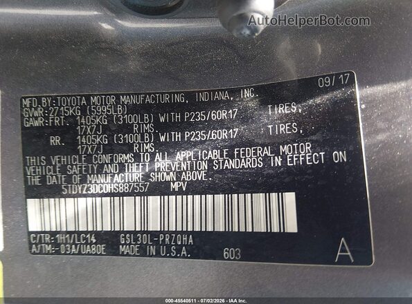 5TDYZ3DC0HS887557 2017 TOYOTA SIENNA Gray Вид підкапотного простору