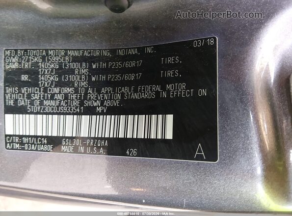 5TDYZ3DC0JS933541 2018 TOYOTA SIENNA Pewter Вид підкапотного простору