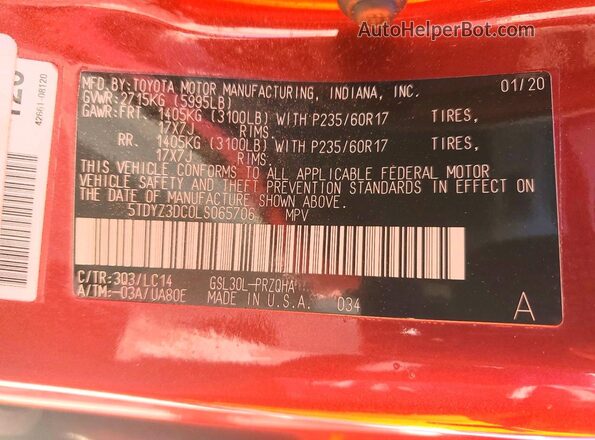 5TDYZ3DC0LS065706 2020 TOYOTA SIENNA Red Widok naklejki z numerem VIN