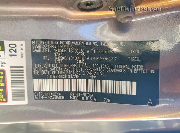5TDYZ3DC0LS072641 2020 TOYOTA SIENNA Gray VIN sticker view