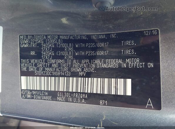 5TDYZ3DC1HS814133 2017 TOYOTA SIENNA Gray Widok komory silnika