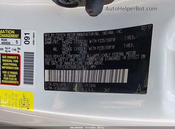 5TDYZ3DC2HS833418 2017 TOYOTA SIENNA White ძრავის განყოფილების ხედი