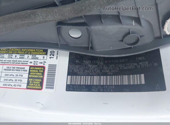 5TDYZ3DC2KS993712 2019 TOYOTA SIENNA White ძრავის განყოფილების ხედი