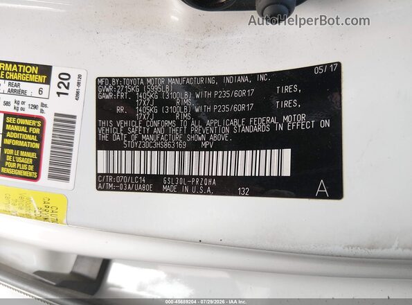 5TDYZ3DC3HS863169 2017 TOYOTA SIENNA White Widok komory silnika