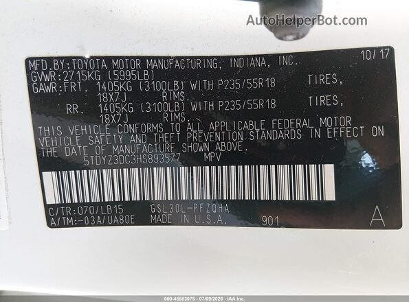 5TDYZ3DC3HS893577 2017 TOYOTA SIENNA White Engine compartment view