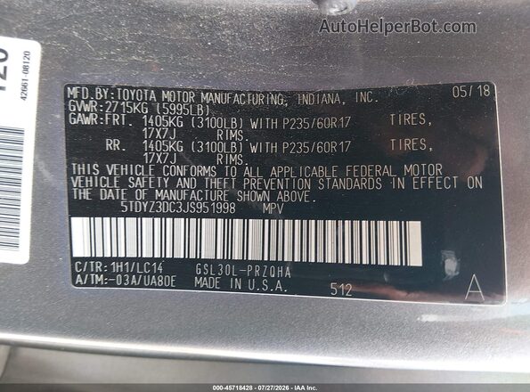 5TDYZ3DC3JS951998 2018 TOYOTA SIENNA Gray Engine compartment view