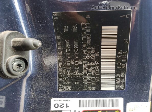 5TDYZ3DC3KS992195 2019 TOYOTA SIENNA Blue Widok naklejki z numerem VIN