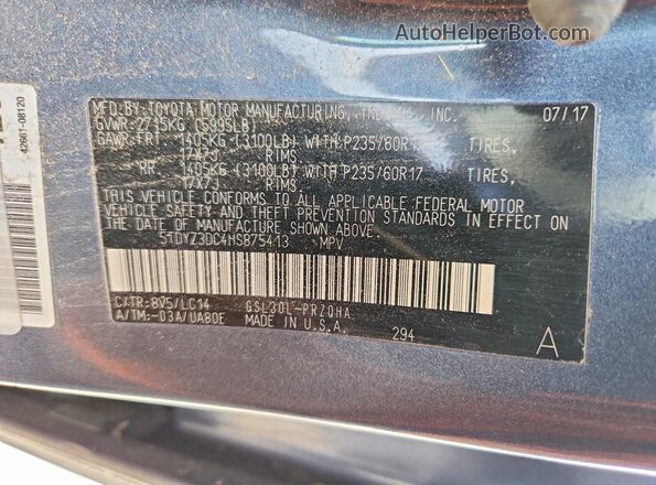 5TDYZ3DC4HS875413 2017 TOYOTA SIENNA Синий Вид наклейки с VIN-кодом