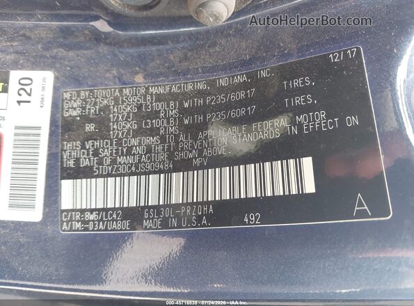 5TDYZ3DC4JS909484 2018 TOYOTA SIENNA Blue Vista del compartimento del motor