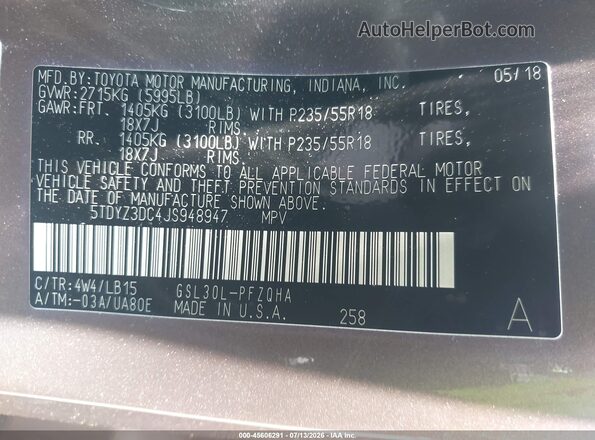 5TDYZ3DC4JS948947 2018 TOYOTA SIENNA Brown Widok komory silnika