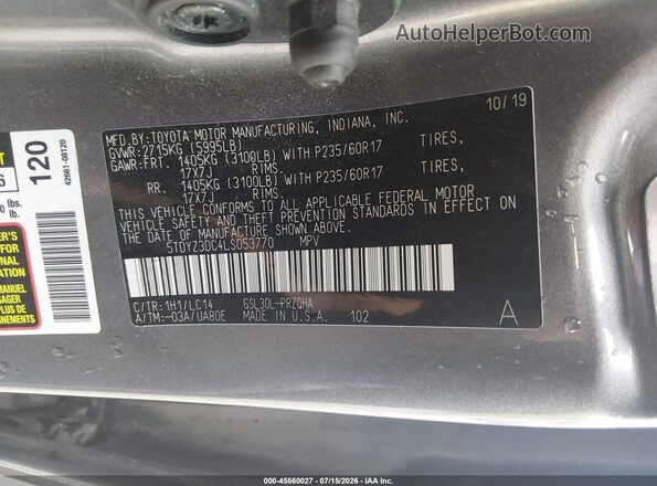 5TDYZ3DC4LS053770 2020 TOYOTA SIENNA Gray Engine compartment view