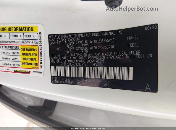 5TDYZ3DC4LS083416 2020 TOYOTA SIENNA White Widok komory silnika