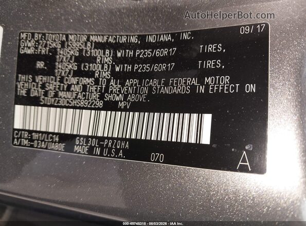 5TDYZ3DC5HS892298 2017 TOYOTA SIENNA Gray Widok komory silnika