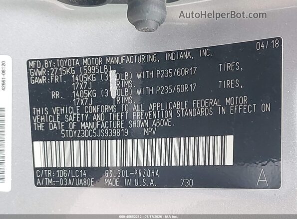5TDYZ3DC5JS939819 2018 TOYOTA SIENNA Silver Вид підкапотного простору