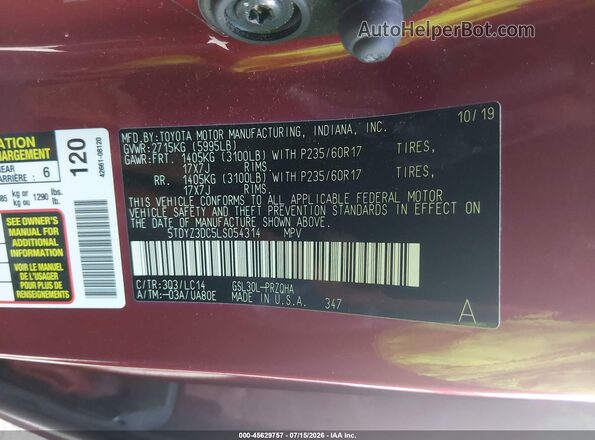 5TDYZ3DC5LS054314 2020 TOYOTA SIENNA Red Շարժիչի բաժամունքի տեսք