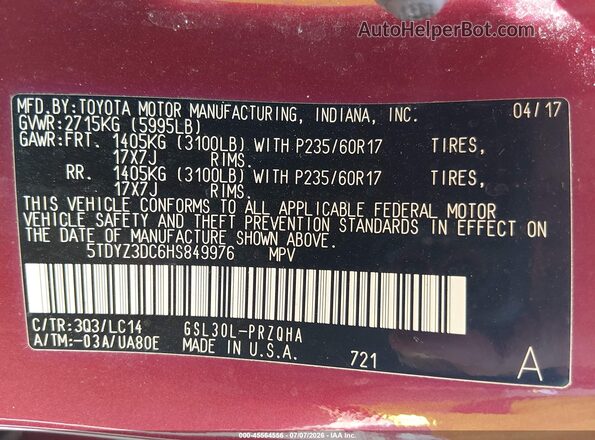 5TDYZ3DC6HS849976 2017 TOYOTA SIENNA Red ძრავის განყოფილების ხედი