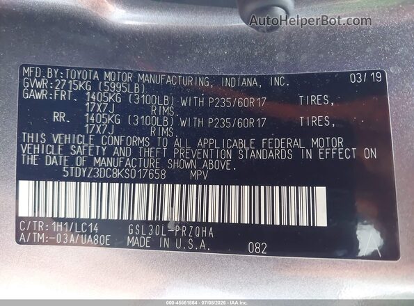 5TDYZ3DC8KS017658 2019 TOYOTA SIENNA Gray Widok komory silnika
