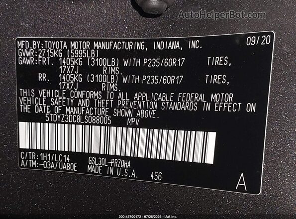 5TDYZ3DC8LS088005 2020 TOYOTA SIENNA Gray Вид підкапотного простору