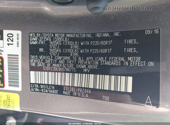 5TDYZ3DC9HS786775 2017 TOYOTA SIENNA Gray Engine compartment view