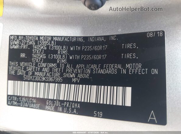 5TDYZ3DC9KS967995 2019 TOYOTA SIENNA Silver ძრავის განყოფილების ხედი