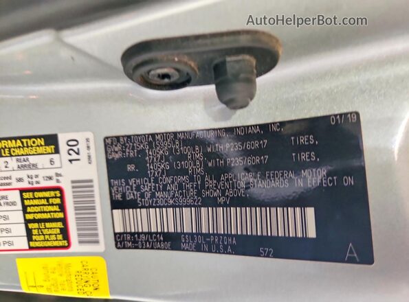 5TDYZ3DC9KS999622 2019 TOYOTA SIENNA Silver VIN sticker view