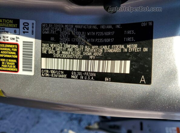 5TDYZ3DCXHS779737 2017 TOYOTA SIENNA Silver Vista de la etiqueta del VIN