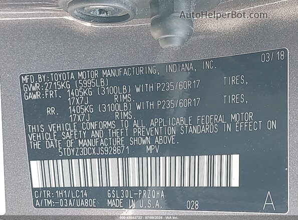 5TDYZ3DCXJS928671 2018 TOYOTA SIENNA Серый Вид подкапотного пространства