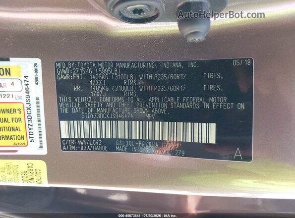 5TDYZ3DCXJS946474 2018 TOYOTA SIENNA Brown ძრავის განყოფილების ხედი