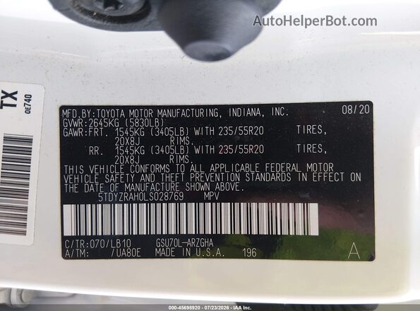 5TDYZRAH0LS028769 2020 TOYOTA HIGHLANDER White ძრავის განყოფილების ხედი