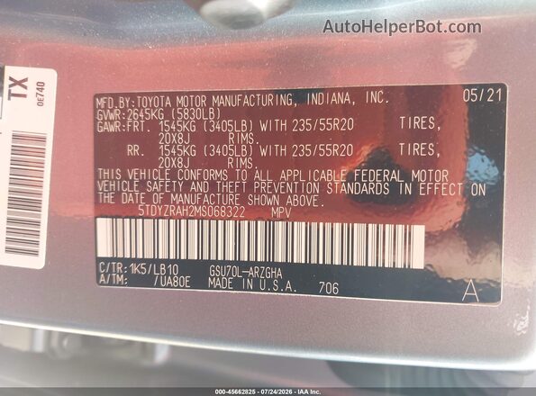 5TDYZRAH2MS068322 2021 TOYOTA HIGHLANDER Синий Вид подкапотного пространства