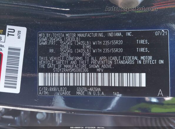 5TDYZRAH5MS080366 2021 TOYOTA HIGHLANDER Blue Շարժիչի բաժամունքի տեսք